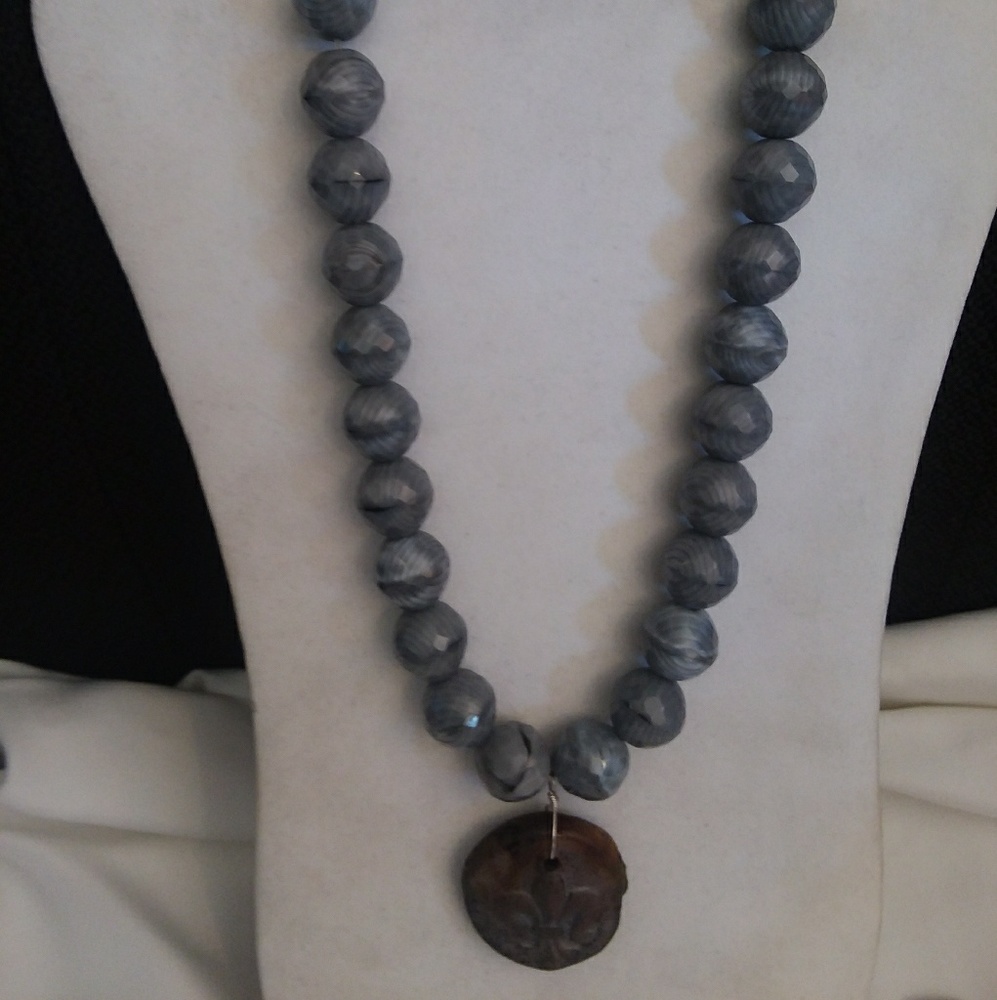 Handmade Gray Glass Beaded Necklace Pendant OOAK